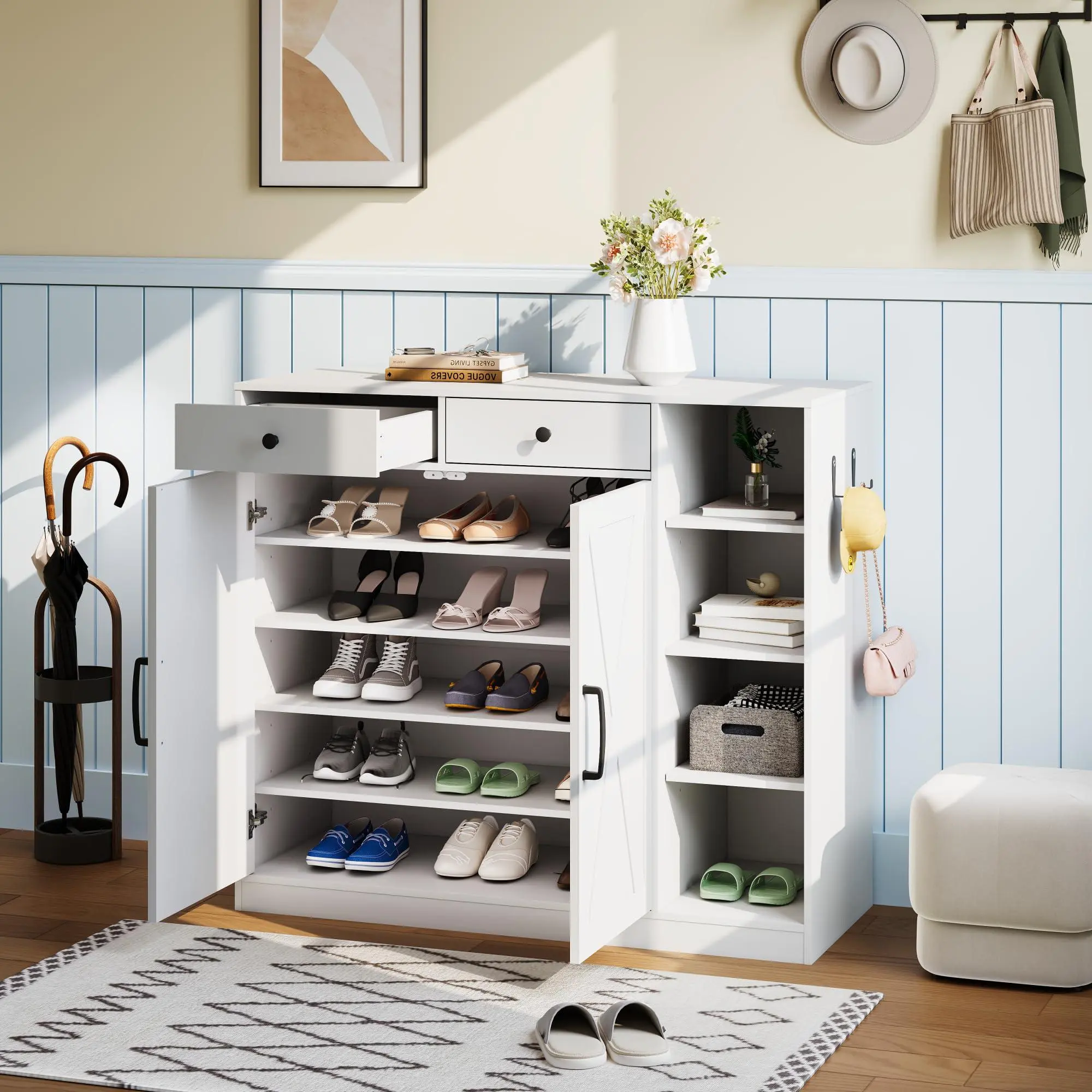GARVEE Minimalist Modern Farmhouse Shoe Storage Cabinet with 6 Adjustable Shelves + 2 Drawers, Sturdy Base Freestanding Entryway Organizer for Living Room, Mudroom