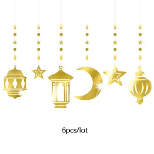 6Pcs Eid Mubarak Hanging Decor Swirl Banner Moon Star Lamp Ramadan Kareem for Islam Eid Al Fitr Party Supplies Wall Ornament