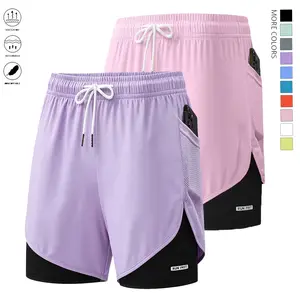 Women’s summer shorts 2-piece set, double-layer faux two-piece shorts, breathable quick-dry basic compression shorts, elastic drawstring waist design, side pockets, casual shorts, women’s shorts