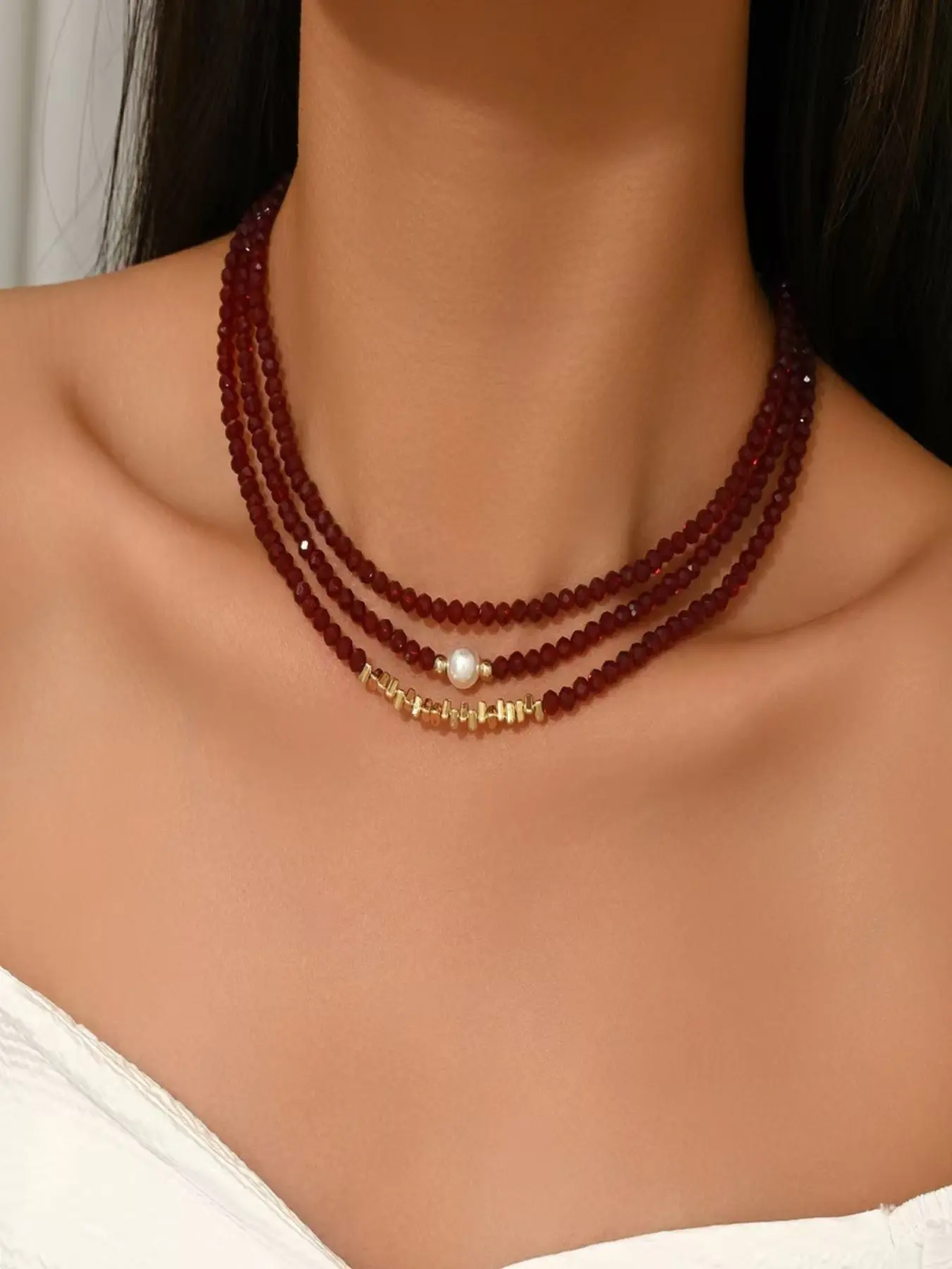 Women's Crystal Stone Necklace Set, Garnet Crush Design, Exquisite Trendy Pendant, Elegant Fashion Jewelry, Curated Necklace, Suitable for Any Occasion, Perfect Gift for Friends, Beaded Pendant Necklace