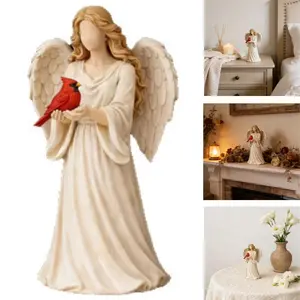 Handmade Cardinal Angel Memorial Statue, Peace Symbol Home Fireplace Decoration, Ivory Color with Cardinal Accents Gift