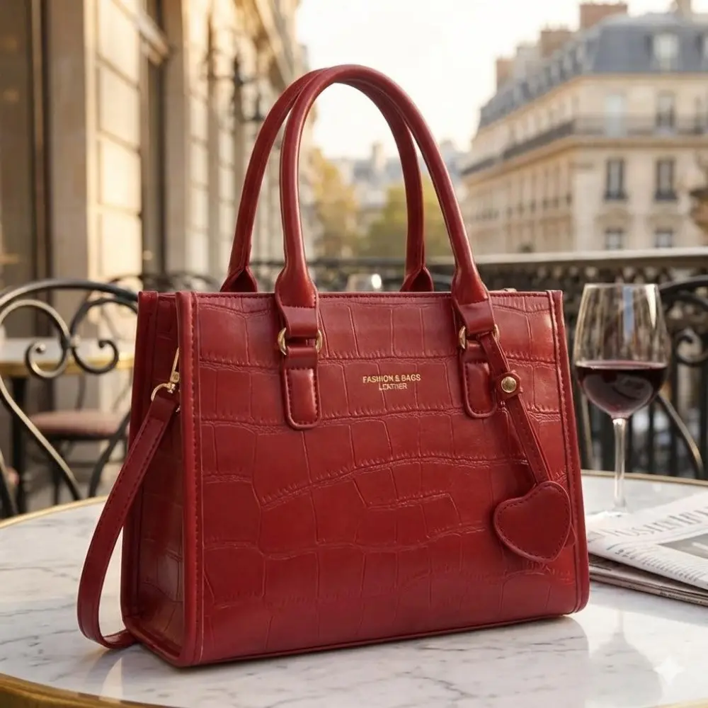 Vintage Wine Red PU Leather Multi-Way Tote Bag, Scratch-Resistant Anti-Wrinkle Work Purse with Detachable Strap & Keychain. Lightweight Luxury Handbag for Office, Evening, Travel. Large Capacity Shoulder Bag & Crossbody.
