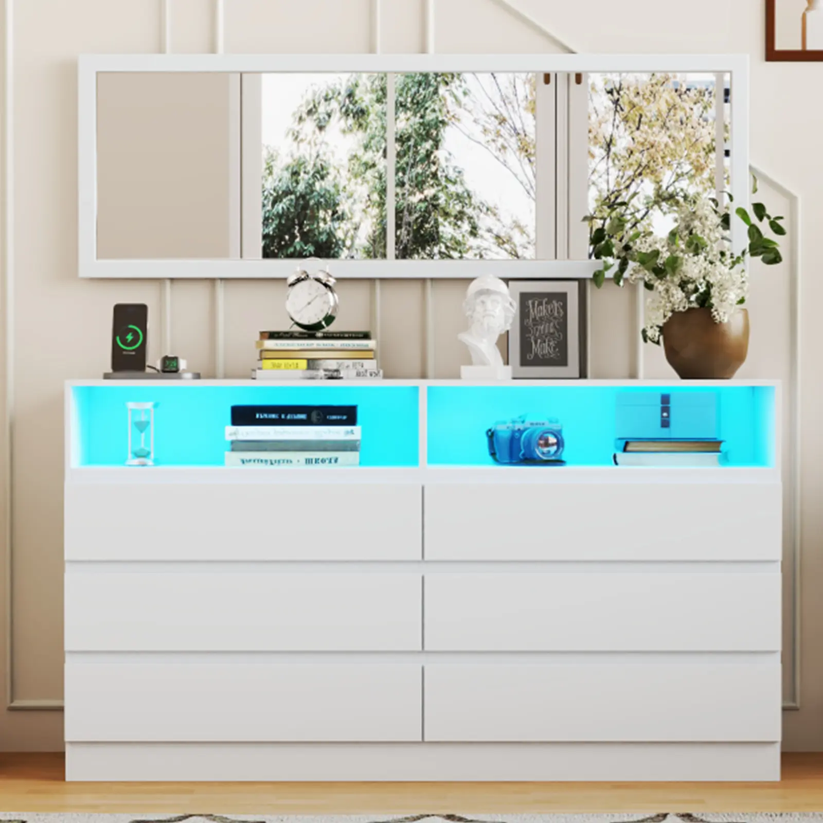 Gyfimoie Modren Drawer Dresser with Full Length Mirror 48"x16" ,6 Drawer Dresser with LED Light, Wide Chests of Drawers with Power Outlet,White Storage Dressers for Bedroom, Living Room, Hallway(White) bedroom dresser Cupboard Furniture