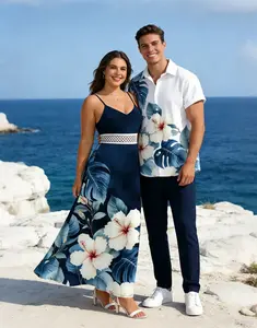 DRESSLILY 2026 Tropical Vacation Couples Clothing Set - Women's Smocked Breathable Fabric Sleeveless Spaghetti Strap Fitted Long Tropical Dresses with Hibiscus Floral Leaf Print, Slit, Lace Hollow-Out; Men's Button-Up Matching Outfit