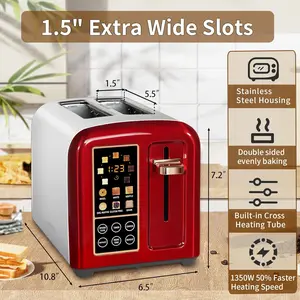 Toaster 2 Slice, Stainless Toaster LCD Display&Touch Buttons, 50% Faster Heating Speed, 6 Bread Selection, 7 Shade Setting, 1.5''Wide Slot, Removable Crumb Tray, 1350W wide slot kitchen  toaster Double Sided Evenly Baking Multiple Functions Defrost Reheat
