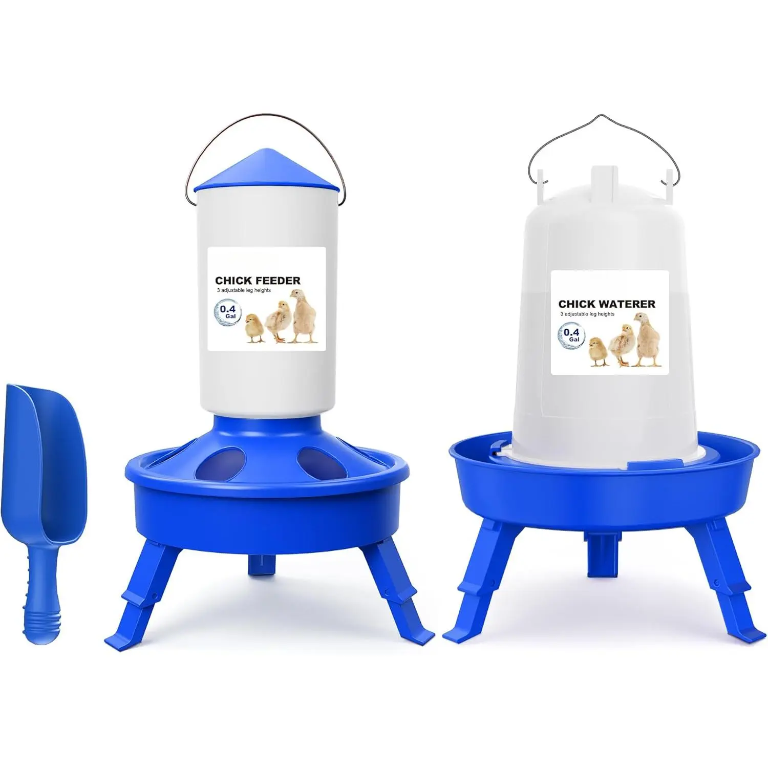0.4Gal Baby Chick Feeder and Waterer Set Pack, 3 Adjustable Heights, Anti-Drown Design, with Scoop, Poultry Brooder Feeding Tool Kit, Baby Chicks