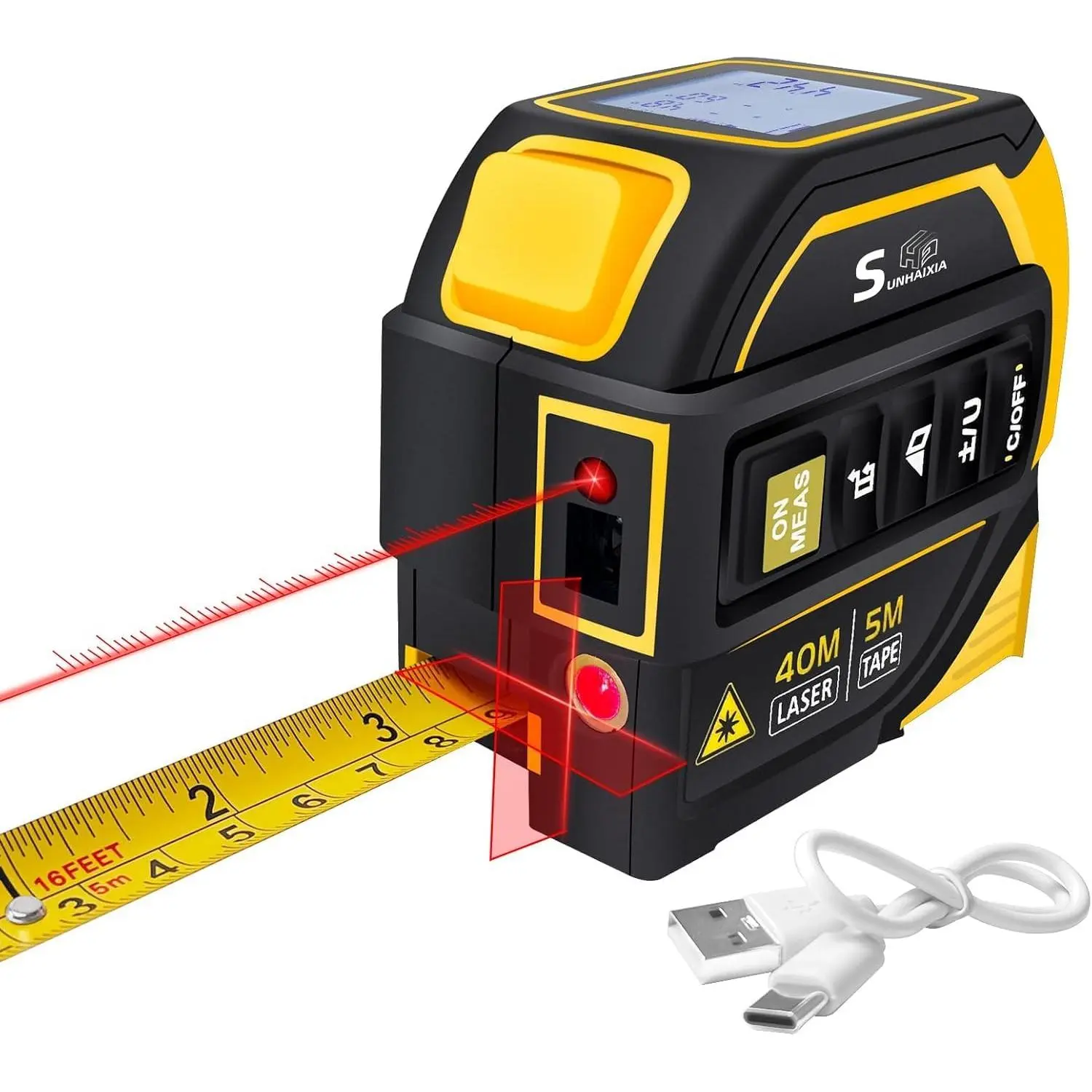 4-in-1 Digital Measuring Tape with Laser Level Crosshairs, 130ft/40m Range, 16ft/5m Automatic Retractable AutoLock, Backlit LCD, Feet Inches Meters Units, 2000mAh, Charging Cable, Wrist Strap, Belt Clip, ABS Alloy for DIY Users, Construction Tools