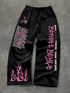 🔥💖Y2K Pink Flame Graphic Joggers | "Perfect Style" Cyber Streetwear Pants | Black Baggy Y2K Trousers