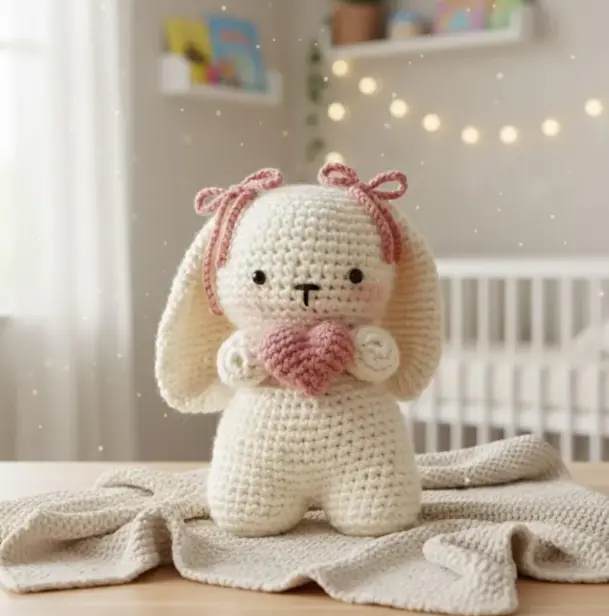 Crochet Bunny Holding Heart Handmade Cute Plush Toy Valentine Gift Soft Animal Doll Baby Shower Nursery Decor Custom Crochet Bunny