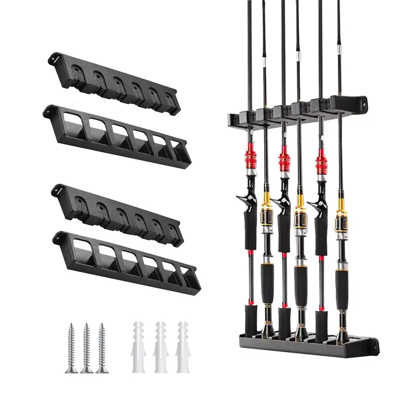 Tcakelox Vertical Wall-Mounted Fishing Pole Holder Set - 13.7inches Space-Saving Fishing Gear Accessory, 6-Rod/Combo Capacity, Quick Access, Fits Most Rod Diameters, Ceiling-Mount Compatible, No Extra Tools Needed, Garage Storage with Holder
