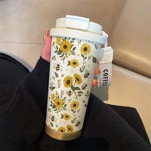 Bee & Sunflower Coffee Cup Set, 530ML Stainless Steel Vacuum Insulated Travel Mug with Straw and Lid, Ideal for Hot/cold Drinks