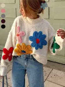 Plus Size Colorblock Floral Embroidered Drop Shoulder Sweater Pullover, Casual Long Sleeve Mock Neck Jumper for Fall & Winter, Women's Plus Clothing for Daily Wear