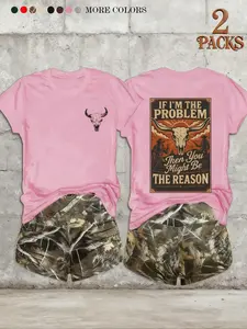 Women's Casual Short Sleeve Top + Shorts Set, Leopard Cow Head Ethnic Camo Pattern, Loose-Fitting Knit, Streetwear Style, All Seasons Wear