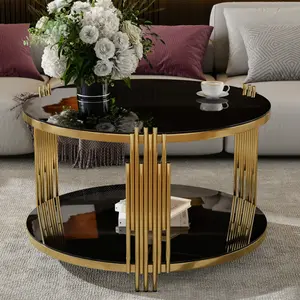Modern Black Mirror Coffee Table with Asymmetrical Metal Structure Circular Gold Finish Base & Lower Shelf for Elegant Living Room Decor