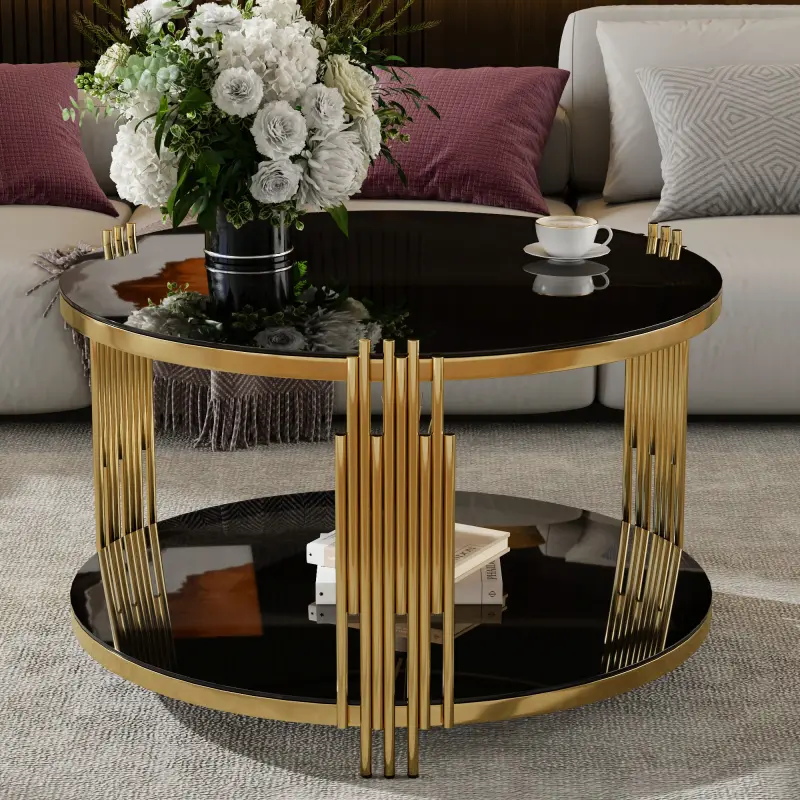 Bellemave Contemporary Black Mirror Top Round Coffee Table - Asymmetrical Metal Structure, Circular Gold-Finish Base, Lower Shelf, Clean Aesthetic Living Room Furniture, Mirror Top Brightens Spaces, Room Decor Modern Accent Tables
