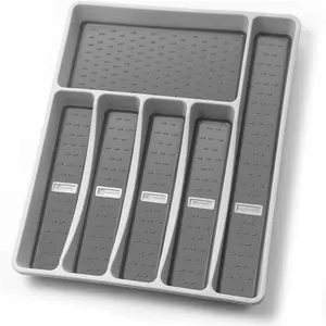 Silverware Organizer with Cutlery Icons, Silverware Tray for Kitchen Drawer, Plastic Flatware Tableware Silverware Drawer Organizer Utensil Organizer with Non-slip TPR Linings, 6-Compartment