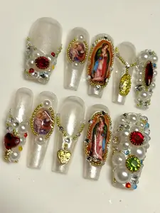 Catholic Guadalupe Press On Nails | Handmade Religious Pearl Gem Nails | 3D Gold Sacred Heart Nail Box with Gift Set (Adhesive Tabs, Nail File, Cuticle Stick) | Reusable Fake Nails