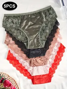 Women's Floral Lace Panties Set of 5, Semi-Transparent Flower Trim, Mid-Waist, Soft Comfortable, Vibrant Colors, Elegant, Feminine Underwear, Trim Lace Panty