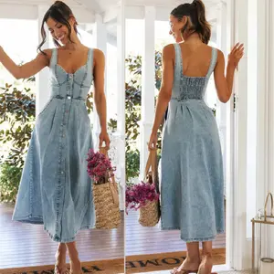 Women's Denim Buckle Strap Midi Dress - Green-Blue Water Ripple Pattern A-Line Skirt Urban Style Sleeveless Cotton Fabric
