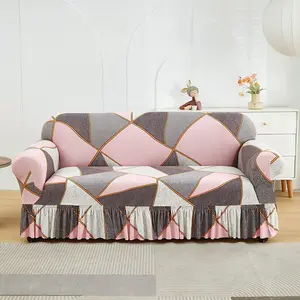 Geometric Colorblock Elastic Sofa Cover with Skirt, Sofa Protector, Pet-Proof, All Seasons, Sofa Slipcover