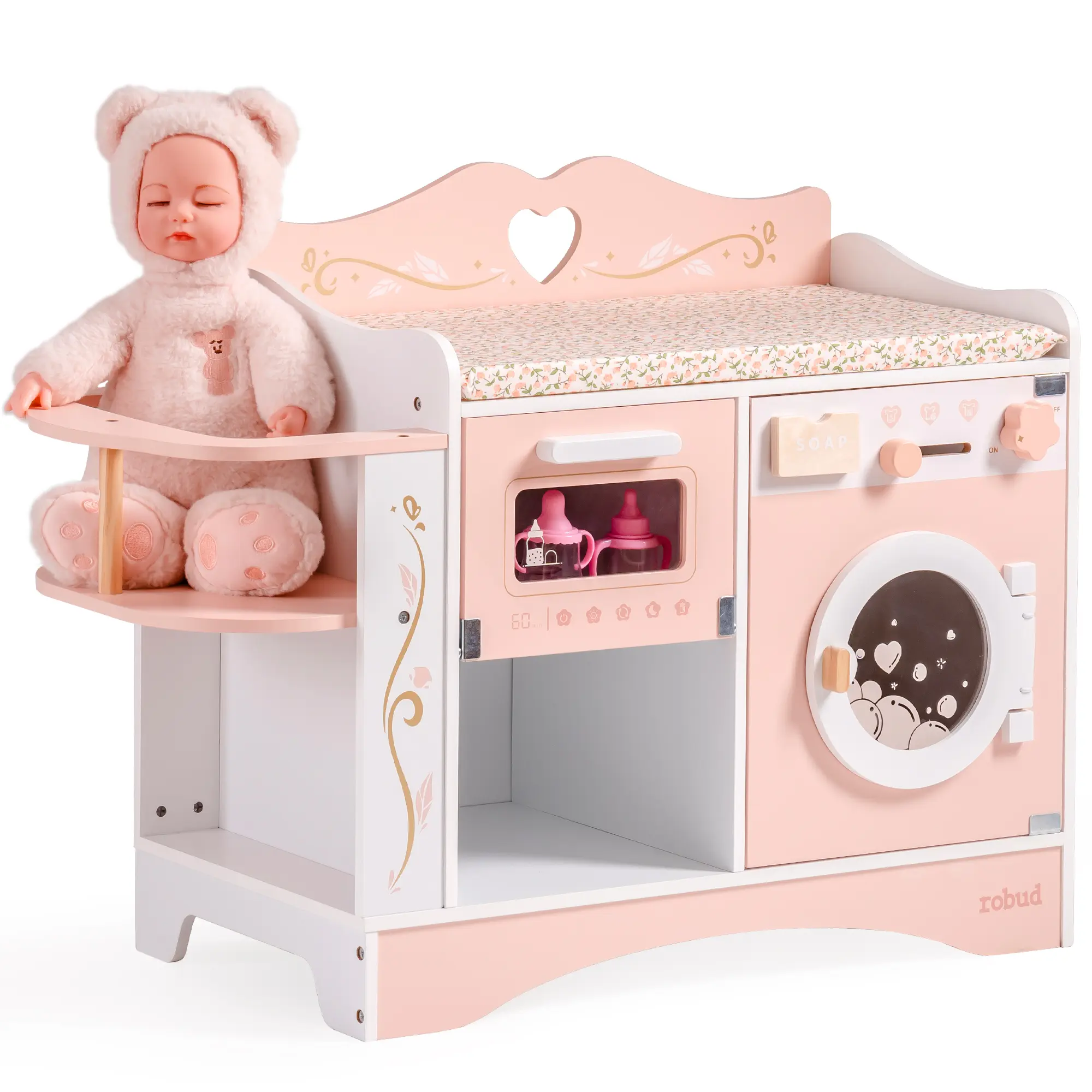 ROBUD Baby Doll Crib, Pink Baby Doll Beds, Wooden Doll Changing Station with Seat, Bottle Sterilizer, Washing Machine and Storage, Doll Accessories of Toy Crib to Kids
