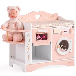 ROBUD Baby Doll Crib, Pink Baby Doll Beds, Wooden Doll Changing Station with Seat, Bottle Sterilizer, Washing Machine and Storage, Doll Accessories of Toy Crib to Kids
