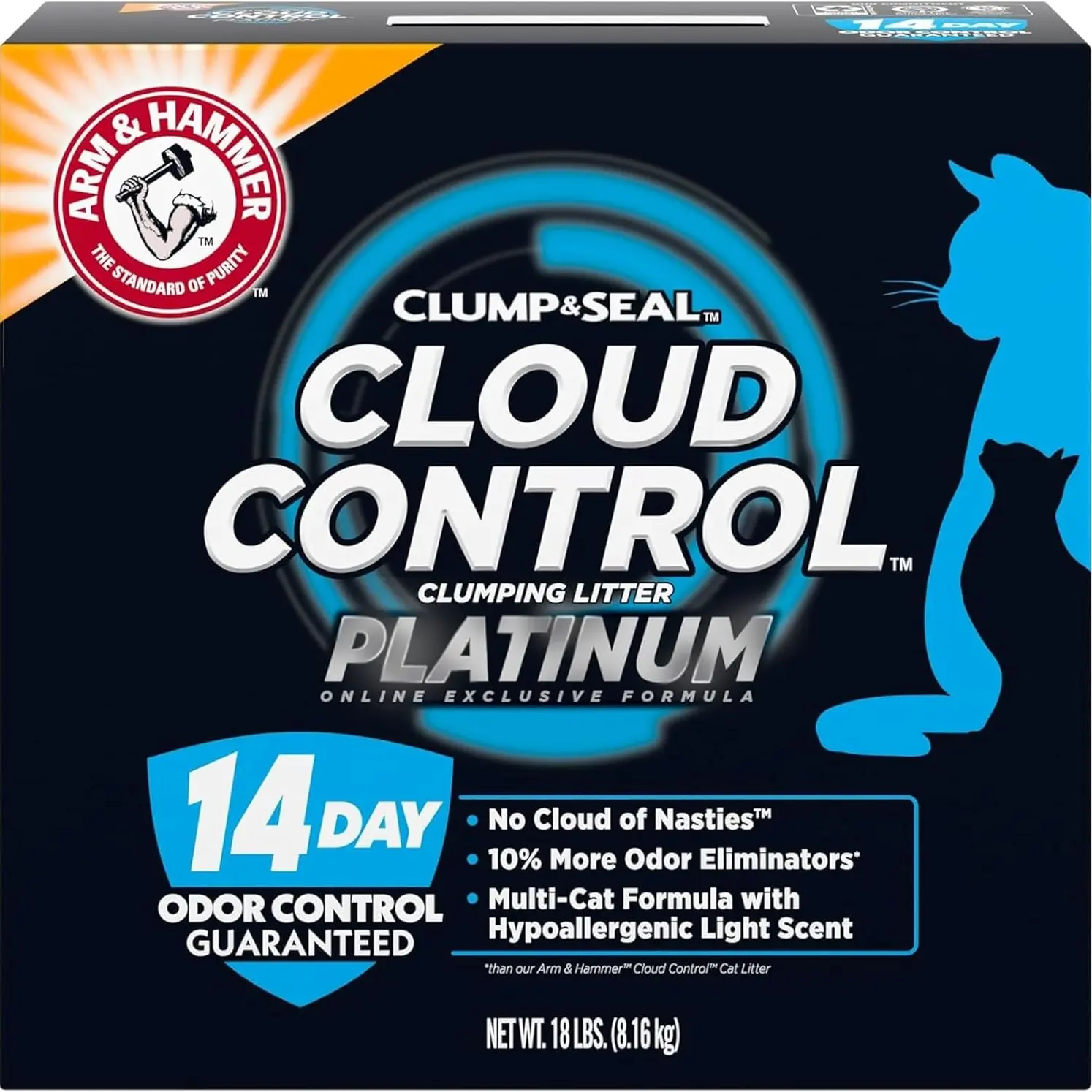 ARM & HAMMER Cloud Control Platinum Cat Litter 18 lbs Hypoallergenic 100% Dust-Free Clump & Seal Formula for Multi-Cat Odor Control