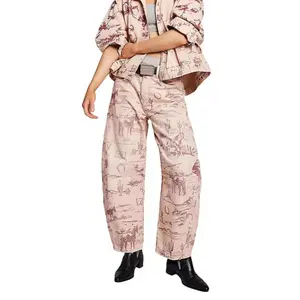 Women Boyfriend Baggy Barrel Jeans Floral Print Denim Ankle Pants Wide Leg Mid Rise Jeans Sweatpants Y2k Patchwork, popular leopard print jeans, loose wide-leg retro couple style trousers