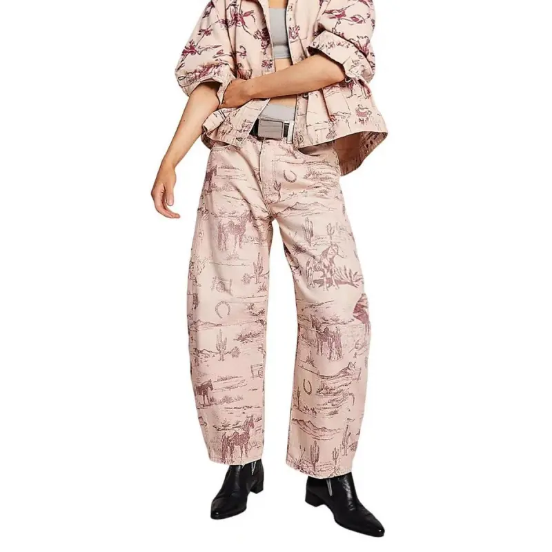 Women Boyfriend Baggy Barrel Jeans Floral Print Denim Ankle Pants Wide Leg Mid Rise Jeans Sweatpants Y2k Patchwork, popular leopard print jeans, loose wide-leg retro couple style trousers