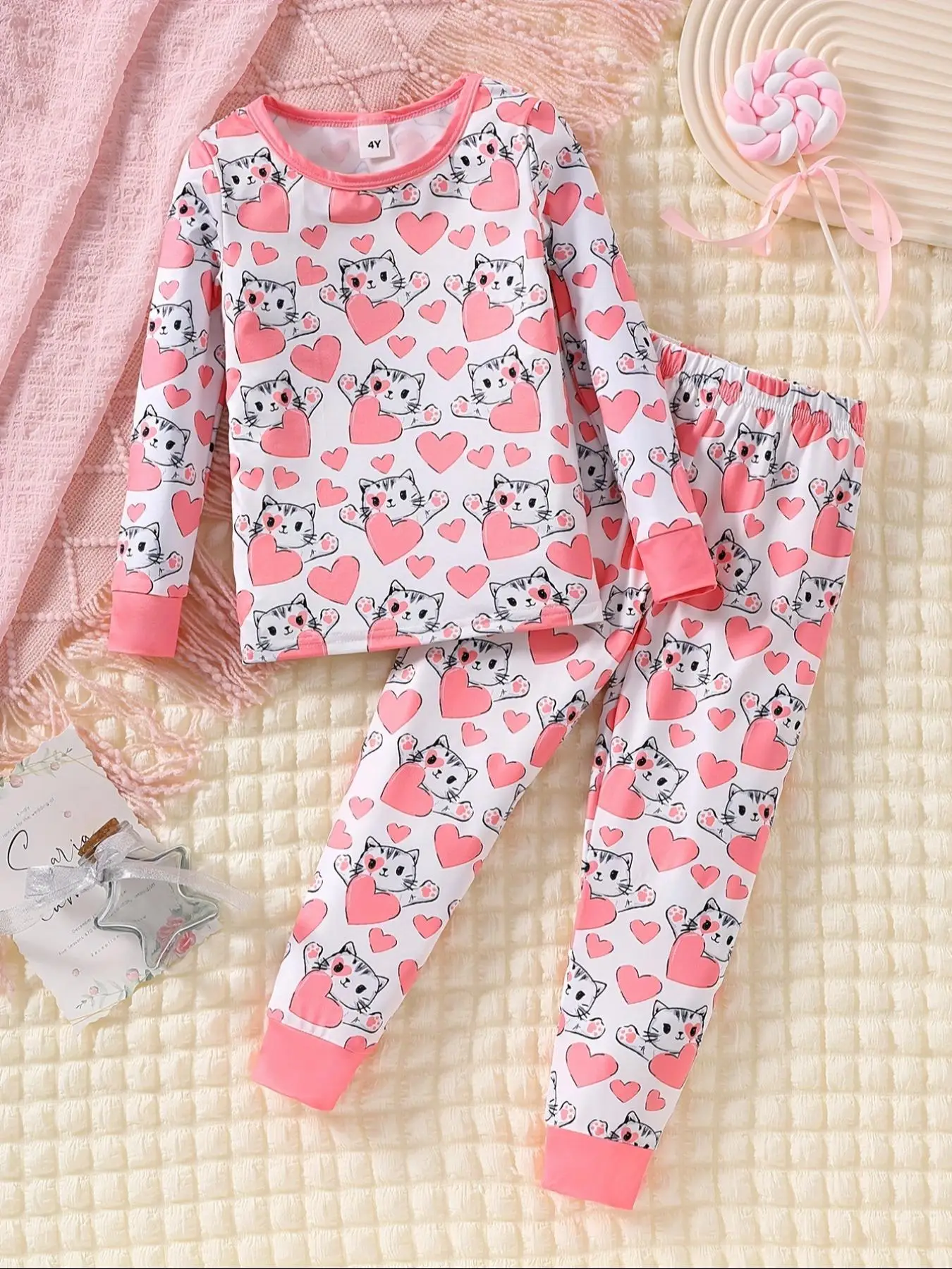Two-piece Set Girl's Cat & Heart Print Sweatshirt & Pants Set, Cute Long Sleeve Round Neck Pullover & Trousers for All Seasons, Kids Clothes for Daily