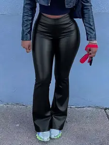 Women's High Waist Faux Leather Flare Pants, Slim Fit Stretch Yoga Leggings, Casual Fashionable Design for Daily Wear, Bottom