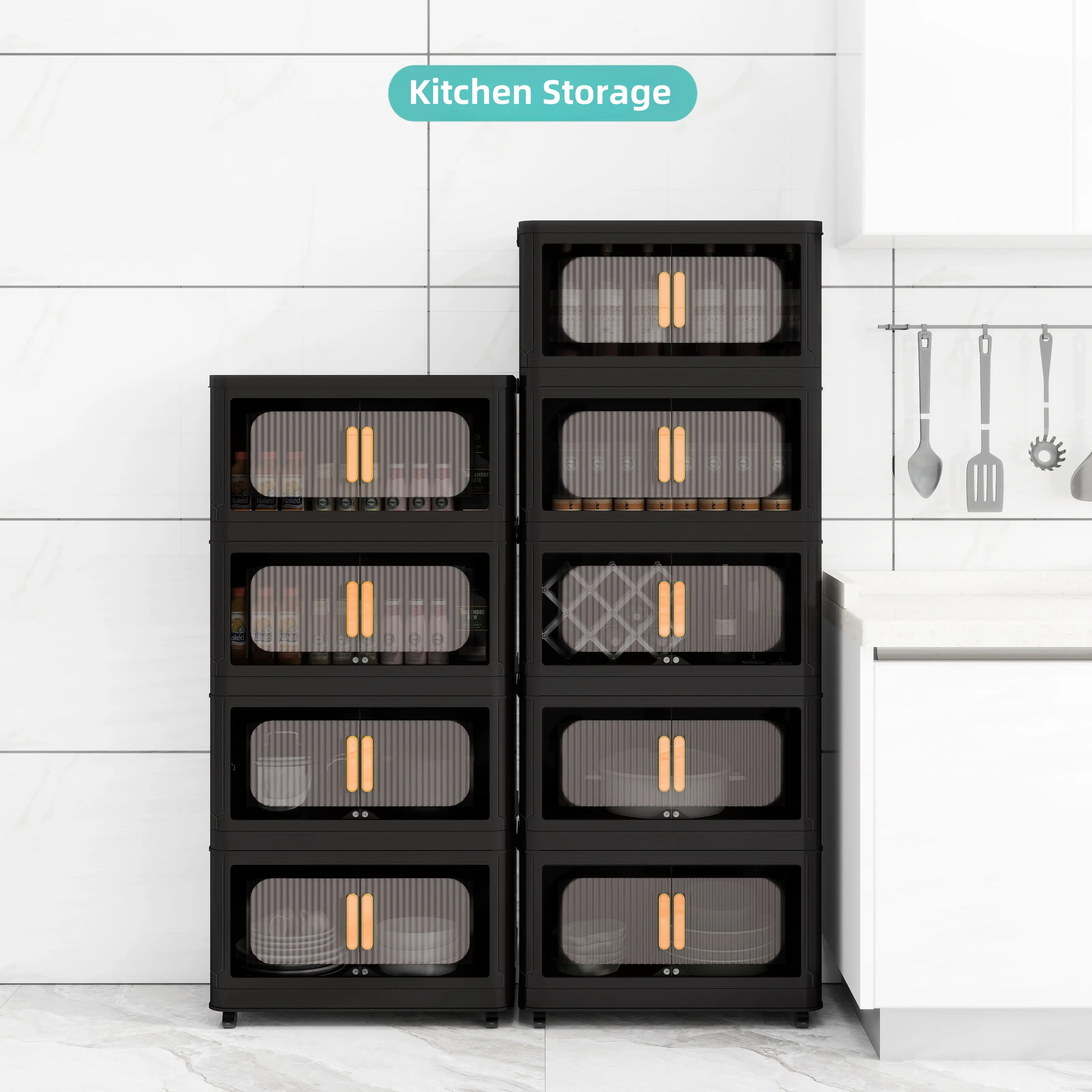 Foldable Plastic Storage Cabinet: Stockpile storage cabinet — sturdy, durable, stackable shelving unit with portable wheels, easy to assemble; ideal space-saving storage solution for bedrooms, living rooms, dorms — a stockpile essential.