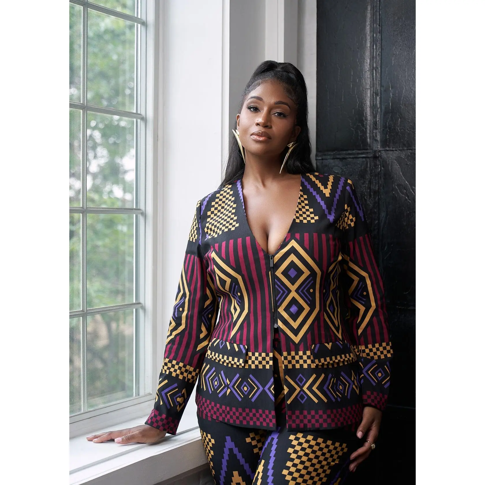 Fafa Women's African Print Stretch Zip-Up Blazer (Black Burgundy Tribal) - Clearance
