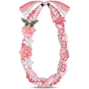 50'' 2026 Graduation Lei Double Braided Strands Graduation Ribbon Leis with 4 Satin Flowers Congrats Graduates Money Leis Class of 2026 Gift for Men Women
