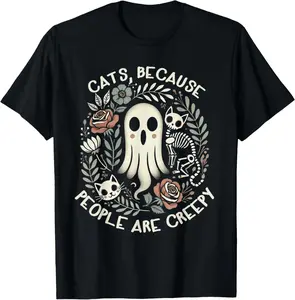 100% Cotton Unisex Retro Cats Because People Are Creepy Shirt Halloween T-Shirt