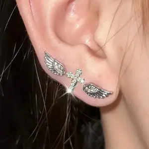 3Pcs Set Shiny Angel Wings Ear Studs Women Vintage Couple Creative Luxury Crystal Geometric Personality Cross Earrings Jewelry