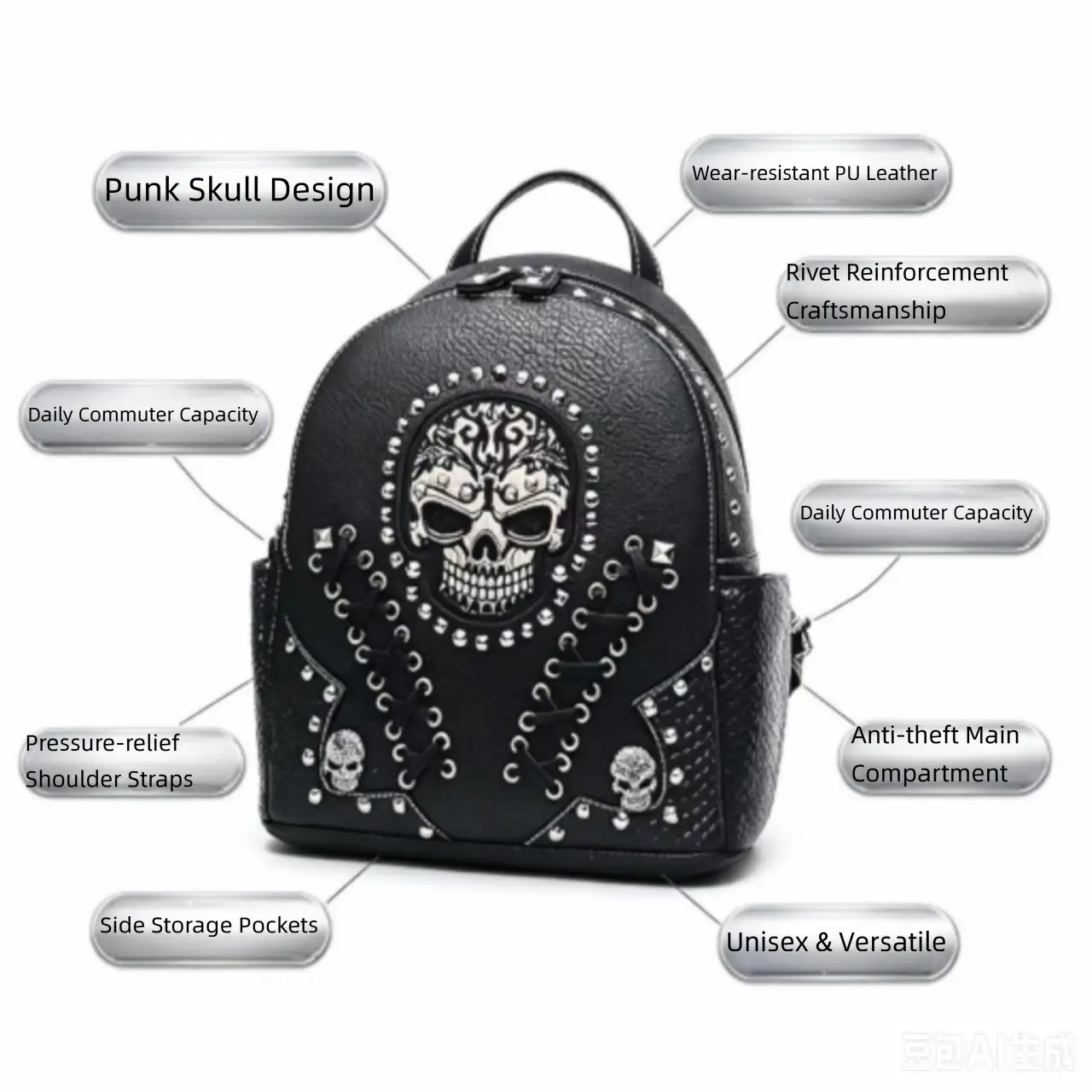 Sugar Skull Punk Art Studded Motorcycle Wallet Women's Fashion Backpack Python Backpack Crossbody Bag Wallet Set, Black Set, Ideal Christmas Gift
