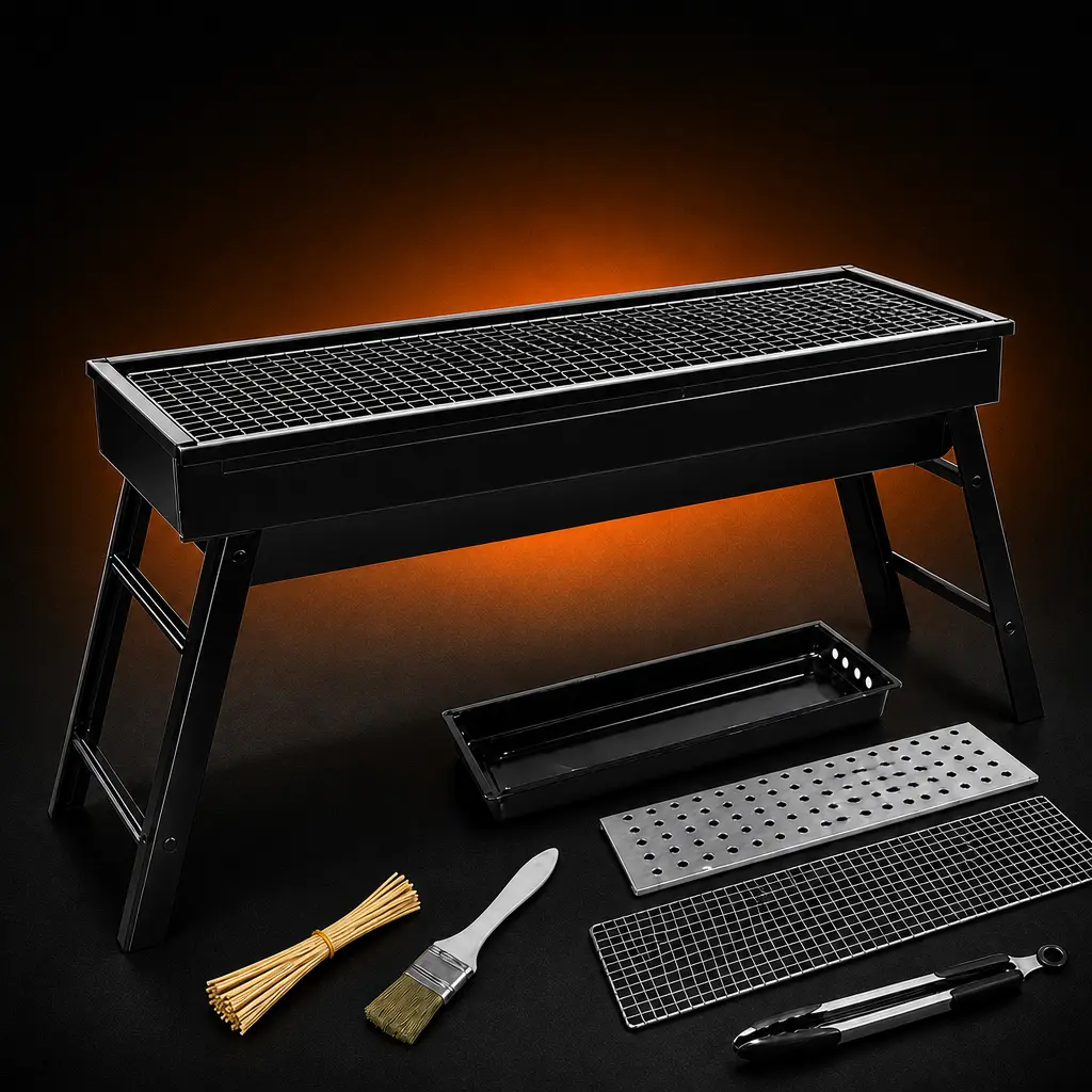 Portable Folding Charcoal Grill with BBQ Accessories, Steel Body 23.6x8.9 in Heavy-Duty Camping Grill with Collapsible Legs, Perforated Plate, Removable Grates & Charcoal Tray, Compact for Backyard Picnic & Outdoor Cooking