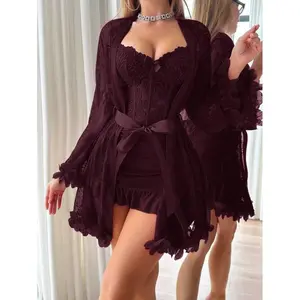 2pcs Set: 3D Floral Lace Robe + Fishbone Waist Design Lace Camisole Nightgown Lace Robe Set Lace Lingerie Set Lingerie Robe Lace Sleepwear Lingerie With Sleeves(Sheets)