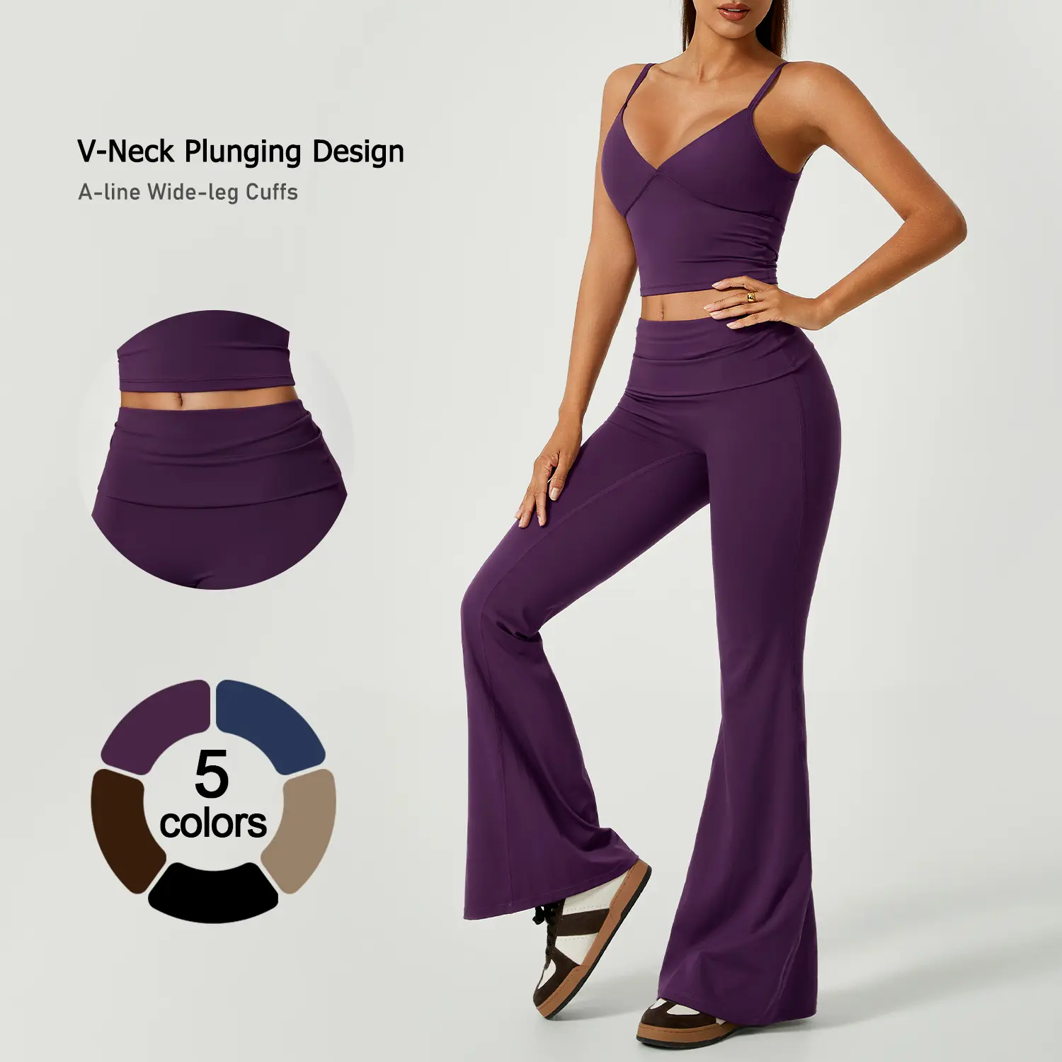 TIMEOFF Women's 2-Piece Athletic Sportswear Matching Set - Deep V Crop Cami & Flared Pants, Adjustable Minimalist Fabric, Buttock Lifting Sculpting, Back Hollow-Out, Athleisure Breathable Clothes for Yoga & Workout Daily Wear, 2 Piece Sets, Workout Sets F