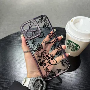 Elegant Floral Vines Pattern Phone case for iPhone 17Pro Max Air 16Plus 15 14 13 12 cases, Transparent cover, Aesthetic Phone case, Diamond Star iPhone Case, Protection Durable, Shockproof Drop, Shockproof Soft silicone Case, Gifts for girls.JY27