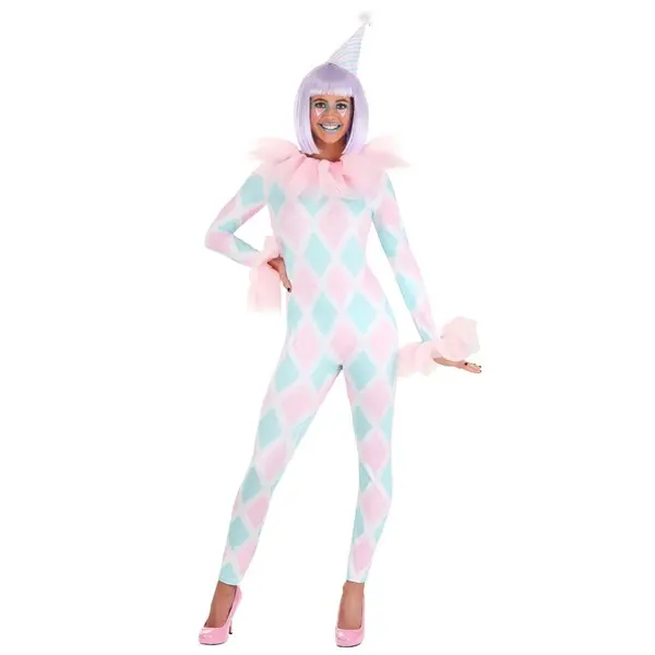 HalloweenCostumes Women's Pastel Diamond Clown Jumpsuit, Spandex Clothes with Jersey Fabric & Matching Accessories, Love, Unicorn