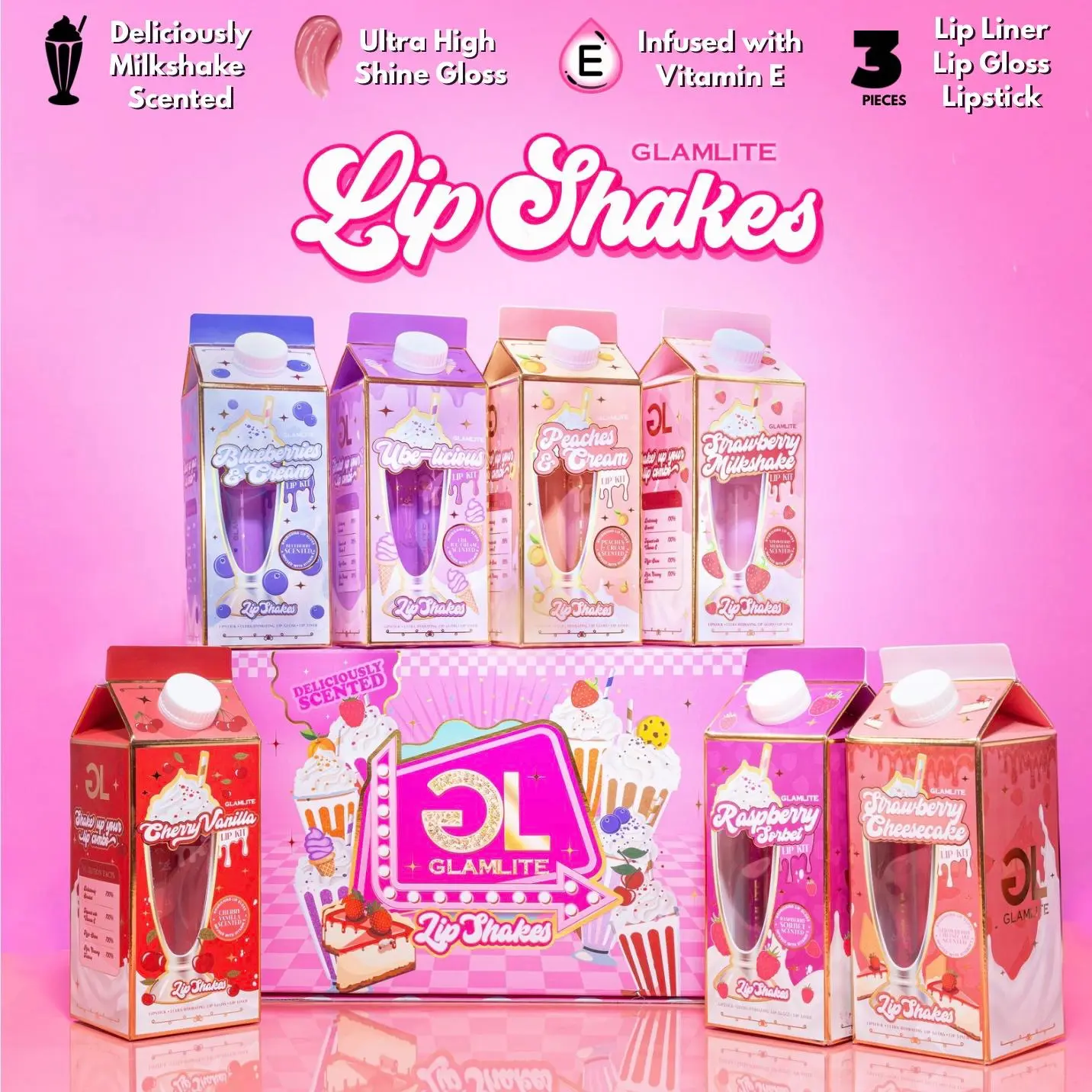 Glamlite Lip Shakes 3-Piece Lip Kit – Vitamin E Infused Lipstick, Lip Liner & Ultra High Shine Lip Gloss
