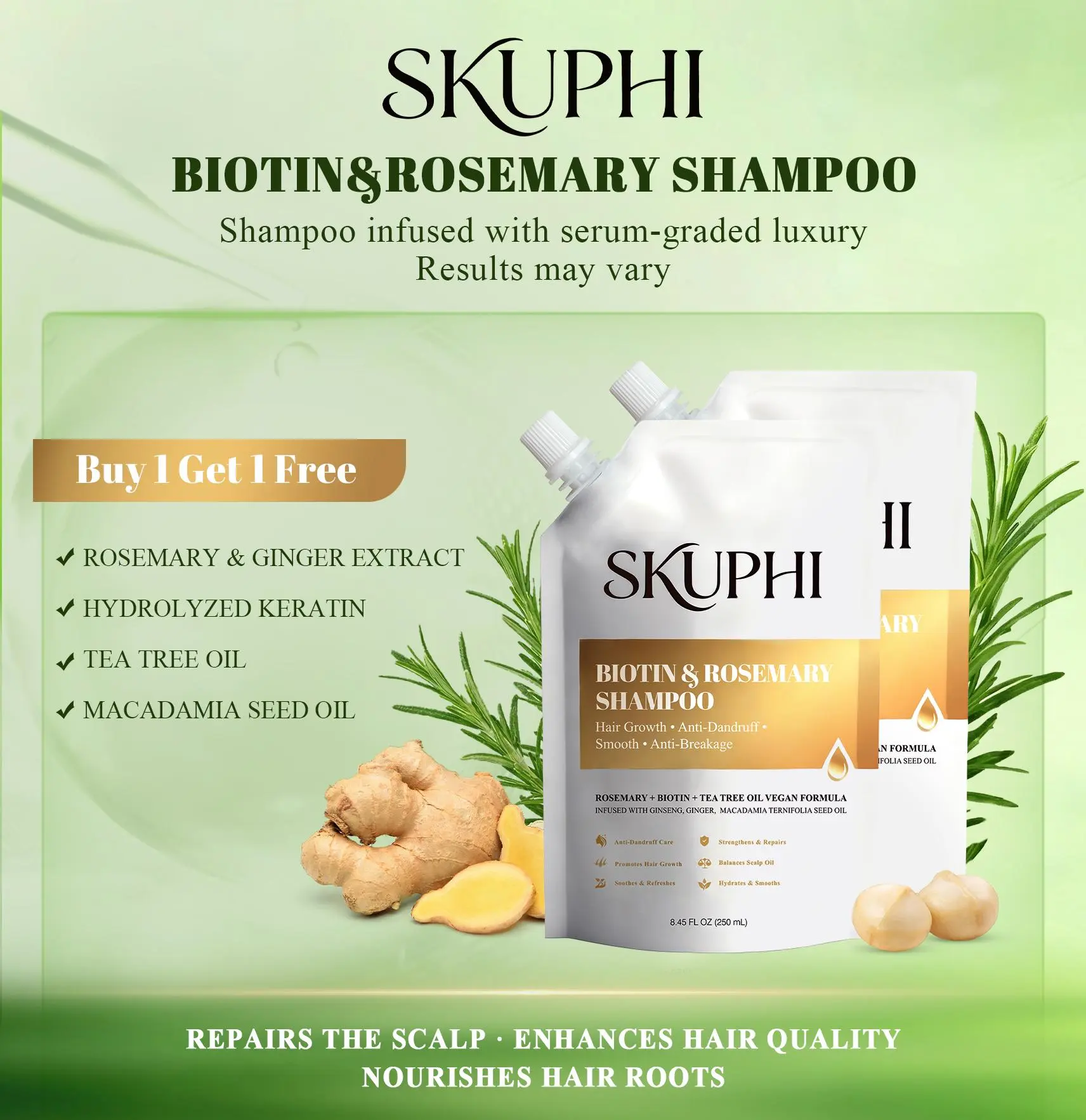 [Buy 1 Get 1 Free] SKUPHI Rosemary Biotin Shampoo For Hair Growth,Fall Hair Loss Treatment Shampoo,Oil Control Anti Dandruff,Strengthen Scalp with Hydrolyzed Keratin,8.45 fl.oz Haircare Repair Tea Tree Moisture