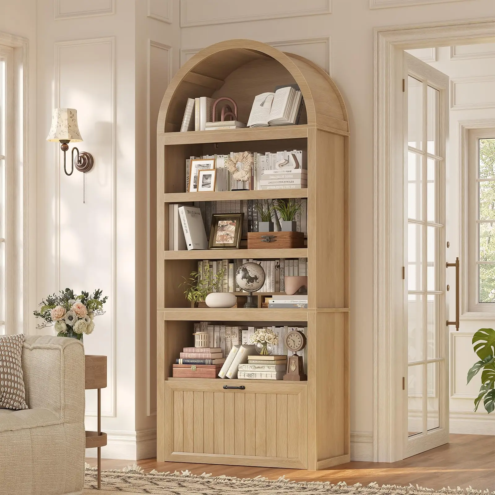 81" Tall Arch Shape Engineered Wood Arched Cabinet - Mid-Century Modern 5-Tier Bookcase with 2 Book Risers, Adjustable Shelves, Storage Drawer, Stable, Assembly Required for Living Room, Home Office, Oak, Requires Assembly