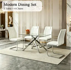[2 Packages]Modern Dining Table Set of 5, Tempered Glass Kitchen Table with Silver Legs + 4 PU Leather High Back Chairs for Dining Room, 51" Silver&White