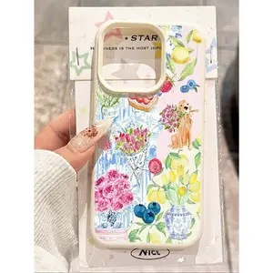A new watercolor bouquet and puppy cake pattern lychee-textured phone case that is drop-resistant, non-slip, and soft, compatible with iPhone 17/16/15/14/13/12/11/X/XS/XS Max, perfect as a holiday gift for friends, family, or yourself.