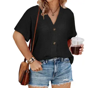 Eytino Womens Plus Size Tops Casual V Neck Short Sleeve Waffle Knit Button Down Shirts(1X-5X)