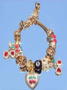 Women's Leopard Print Design Snake Bone Chain Bracelet, Rhinestone Cherry Pendant, Casual Party Daily Wear Jewelry, Charm Bracelet