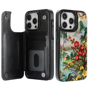 Elegant landscape design pattern leather card holder phone case,for iPhone 17 Pro Max Phone Case 17 Air 16 15 Plus 14 13 12 , Samsung Galaxy S25 ULTRA FE Plus S22 S23 FE S24 Plus